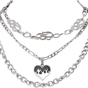Goth Y2K Layered Heart Flame Chunky Chain Necklace for Women Men Halloween